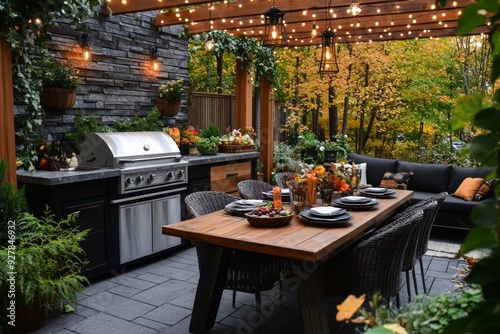 Trendy outdoor kitchen decorated for fall with warm lighting and autumnal elements