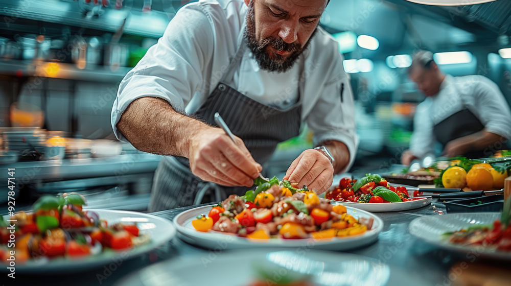 A chef preparing a gourmet meal in a professional kitchen, with fresh ingredients and vibrant colors A chef preparing a gourmet meal in a professional kitchen, with fresh ingredients and vibrant colors