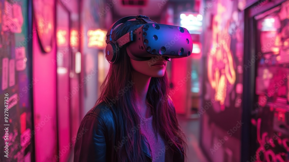 Woman Wearing VR Headset in Neon Lit Alley Woman Wearing VR Headset in Neon Lit Alley