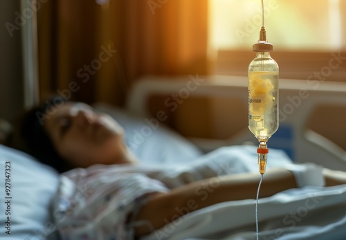 Close-Up of IV Drip in Woman's Arm on Hospital Bed for Treatment photo