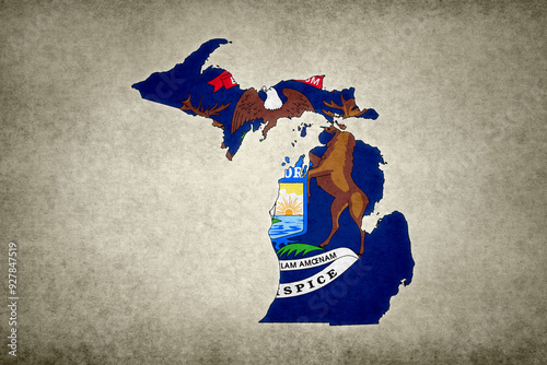 Map of Michigan with its flag on a paper