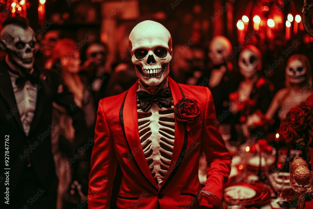 Fototapeta premium Skeleton man in a dapper red suit celebrates his birthday with famous monsters at a spooky party