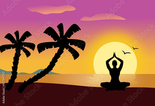 yoga pose woman silhouette on the paradisiac beach at sunset or sunrise vector