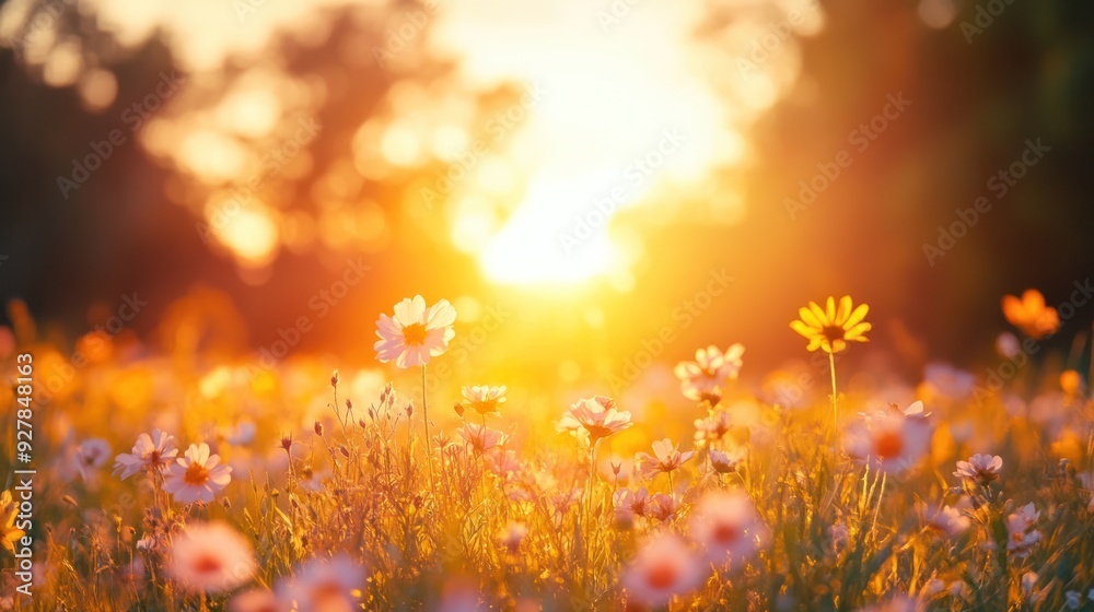Golden Sunset Over a Field of Flowers Golden Sunset Over a Field of Flowers