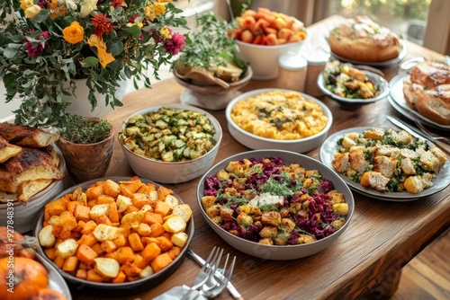 A festive table filled with colorful, seasonal dishes and a flower arrangement in a cozy dining setting