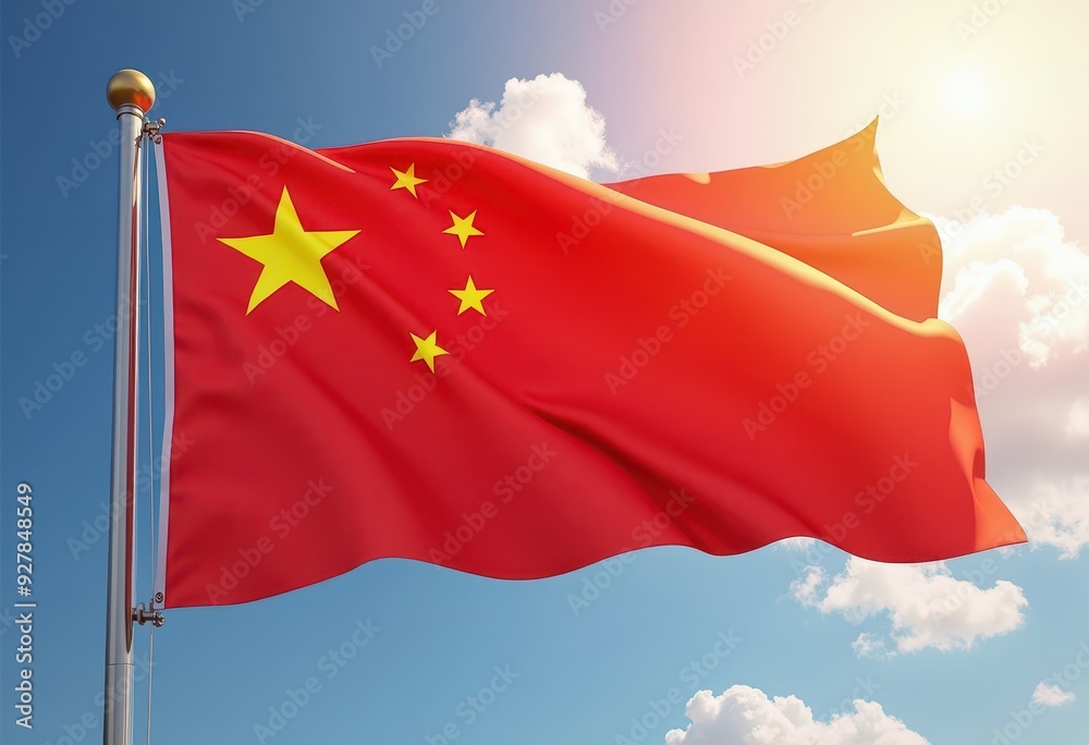 China flag waving majestically under a clear sky at sunset China flag waving majestically under a clear sky at sunset