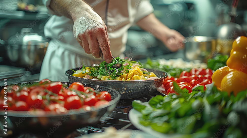 A chef preparing a gourmet meal in a professional kitchen, with fresh ingredients and vibrant colors A chef preparing a gourmet meal in a professional kitchen, with fresh ingredients and vibrant colors