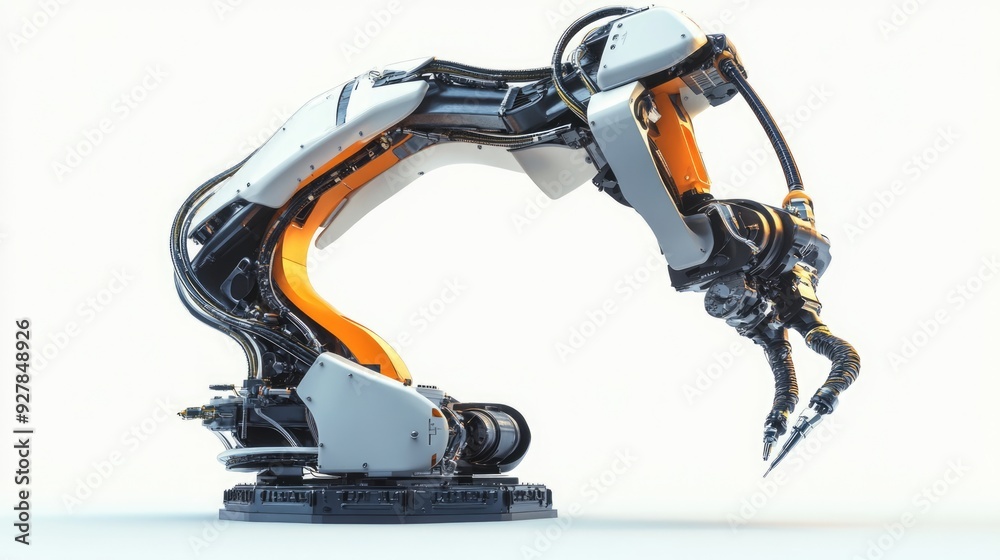 Industrial Robot Arm with Orange and White Design on a White Background Industrial Robot Arm with Orange and White Design on a White Background