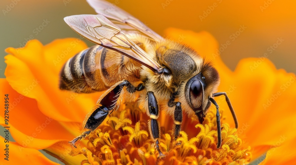 A honey bee delicately gathers nectar from a bright marigold flower, showcasing its intricate details and natural beauty A honey bee delicately gathers nectar from a bright marigold flower, showcasing its intricate details and natural beauty