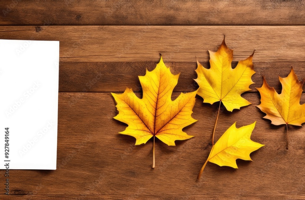 Blank sheet of paper on wooden table, top view next to yellow autumn maple leaf. Mockup, empty space, place for text. Blank sheet of paper on wooden table, top view next to yellow autumn maple leaf. Mockup, empty space, place for text.