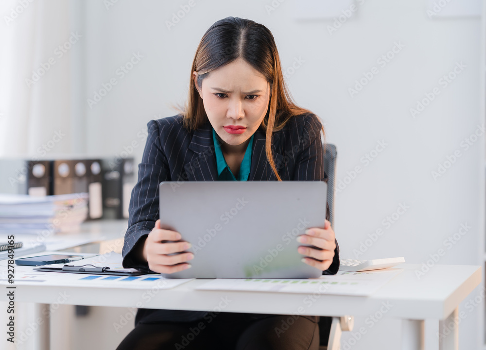 Focused Intensity: A businesswoman in a sleek suit sits at her desk, her brow furrowed in concentration as she analyzes data on her laptop, conveying the dedication and determination of a modern profe Focused Intensity: A businesswoman in a sleek suit sits at her desk, her brow furrowed in concentration as she analyzes data on her laptop, conveying the dedication and determination of a modern profe
