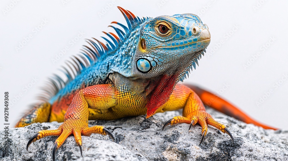 Fototapeta premium Vibrant Iguana Relaxing on Rock in Lush Rainforest Setting with White Background Copy Space