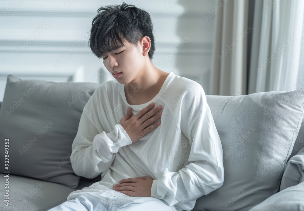 Young Man Experiencing Chest Pain and Breathing Hard Inside Living Room. Young Man Experiencing Chest Pain and Breathing Hard Inside Living Room.