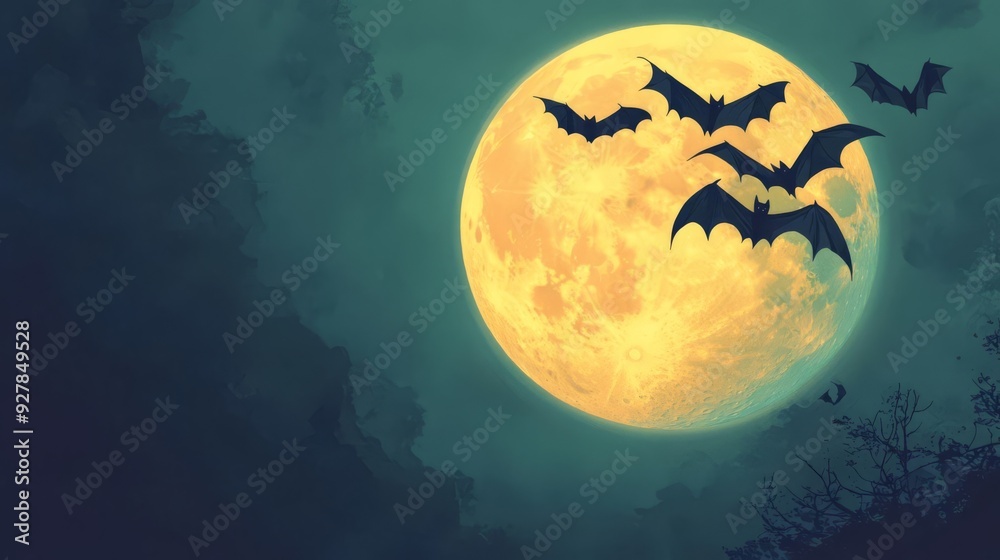 Bats and full moon Bats flying across a large moon, flat design illustration Bats and full moon Bats flying across a large moon, flat design illustration