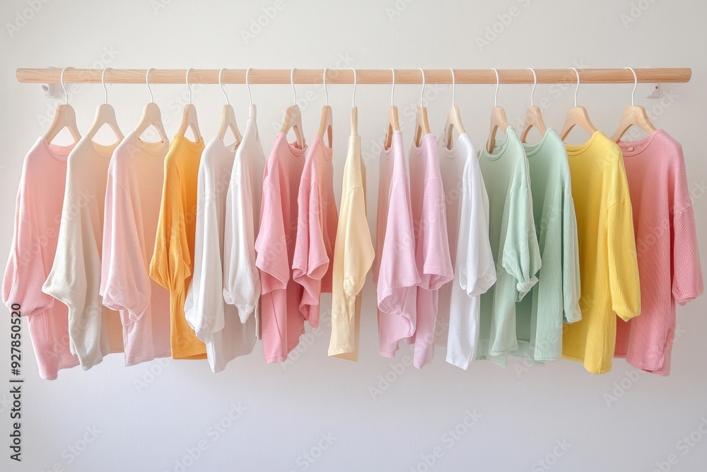 Pastel colored shirts neatly hung showcasing light and airy fashion options for spring and summer Pastel colored shirts neatly hung showcasing light and airy fashion options for spring and summer