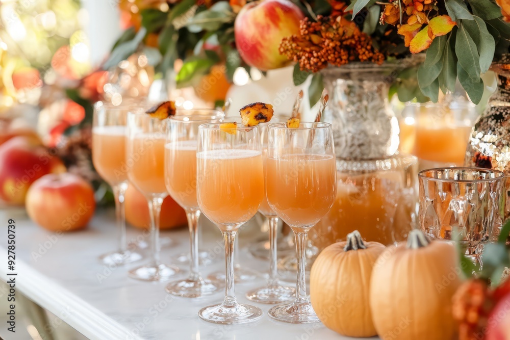 Festive autumn beverage display with cocktails, pumpkins, and decorative elements at a seasonal gathering Festive autumn beverage display with cocktails, pumpkins, and decorative elements at a seasonal gathering
