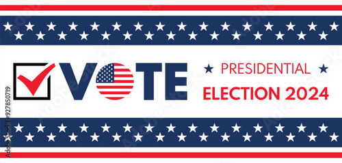USA 2024 Presidential Election background with American flag colors design. Election event banner, card, poster, template, voting communication, background. Vote day, November 5. Vector illustration.