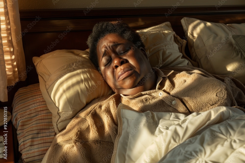 Fototapeta premium Overweight Black Woman Laying in Bed with a Distressed Expression.