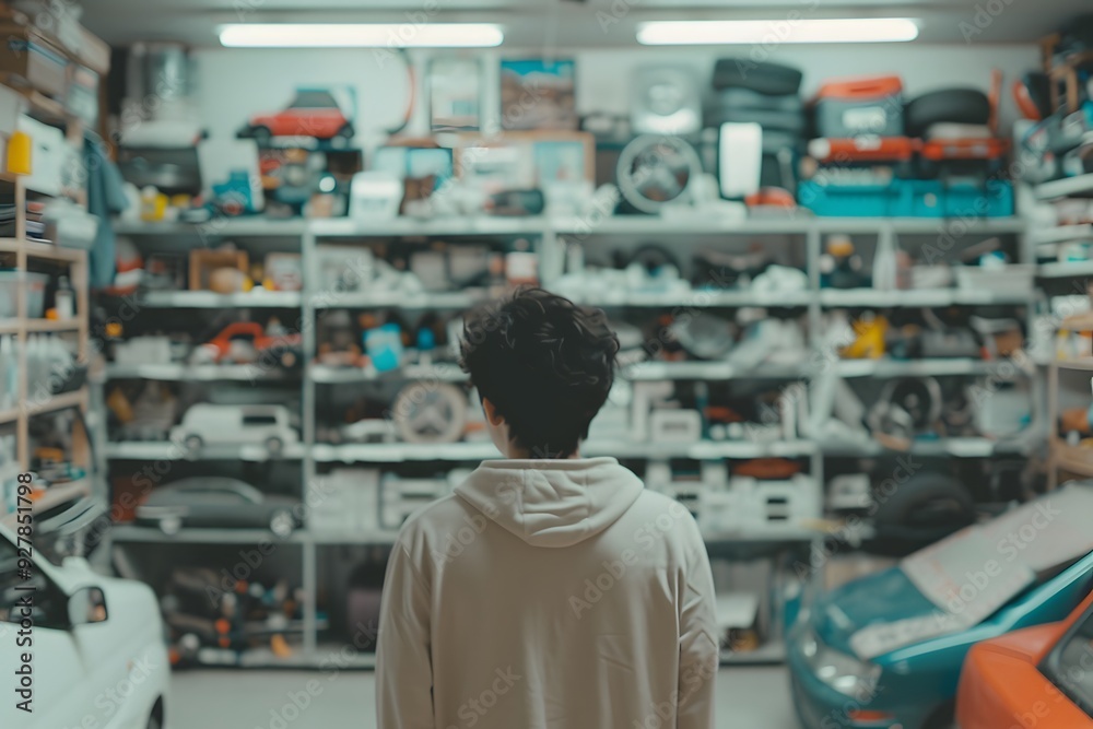 man stands among neatly organized clothing shelves in a garage turned shop man stands among neatly organized clothing shelves in a garage turned shop
