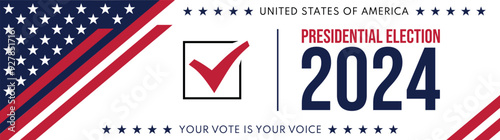 USA 2024 Presidential Election background with American flag colors design. Election event banner, card, poster, template, voting communication, background. Vote day, November 5. Vector illustration.