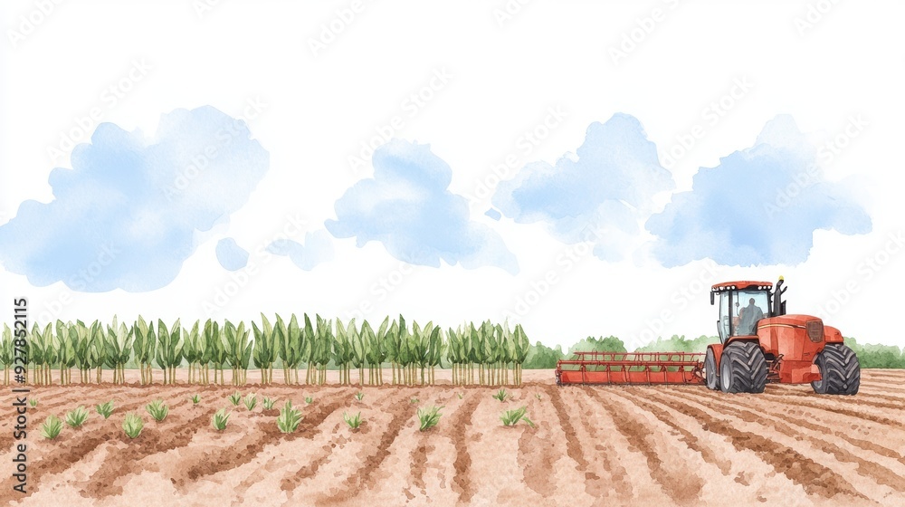 Fototapeta premium A vibrant agricultural landscape featuring a bright tractor working the field under a blue sky with fluffy clouds.