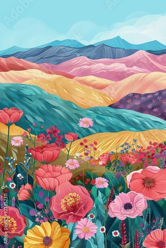 Abstract landscape with colorful mountains and a field of flowers.