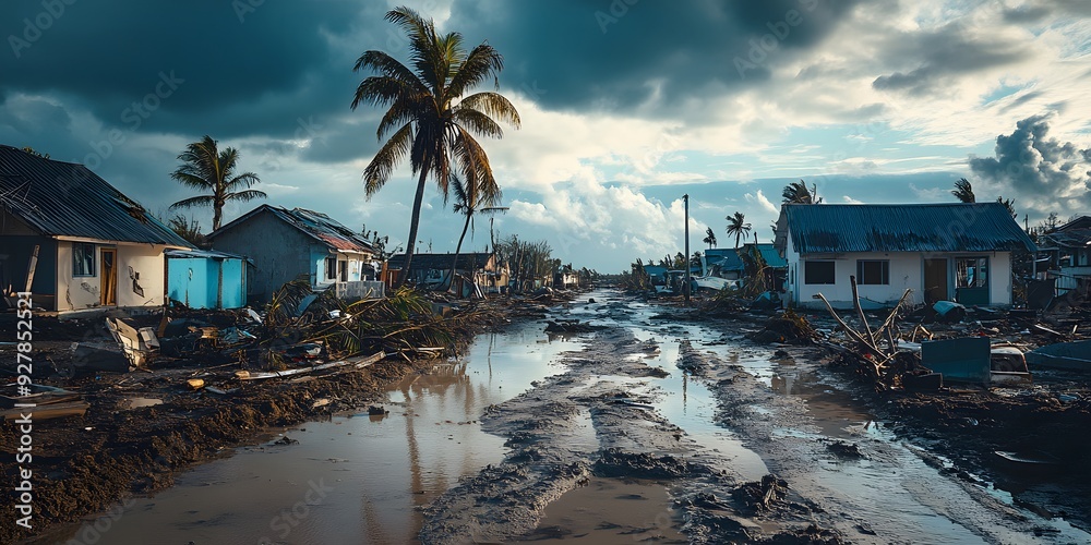 Isolated farmhouse surrounded by muddy terrain and flood debris after a storm Isolated farmhouse surrounded by muddy terrain and flood debris after a storm