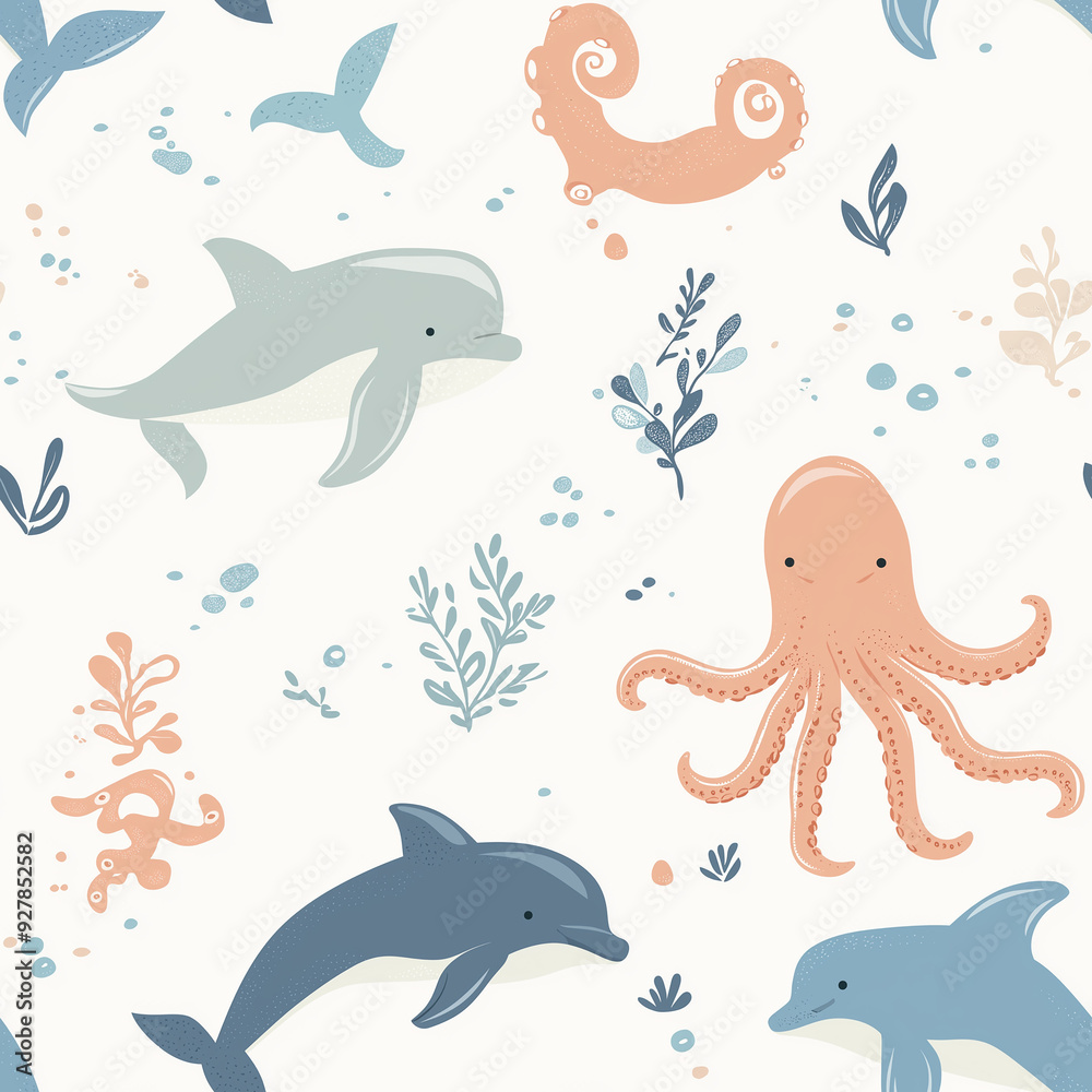 Fototapeta premium Playful ocean animals like dolphins and octopuses in a soft, pastel-colored pattern. A fun and light-hearted design suitable for children’s themes.