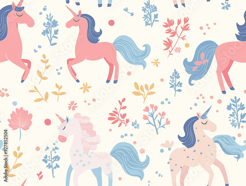 Seamless pattern of whimsical unicorns prancing among delicate flowers and leaves, all in soft pastel colors on a cream background.