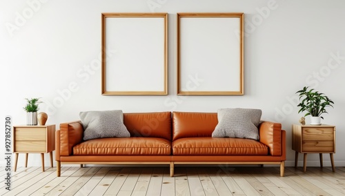 Elegant Living Room with Wooden Frames Above Orange Leather Sofa