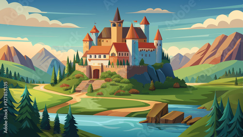 A medieval castle or manor house nestled in a lush, forested hillside overlooking a stream or river. The building has a mix of architectural styles including half-timbered walls, turrets, and pointed 