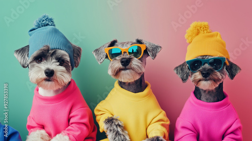  Three schnauzers in bright sweaters and hats, two of them wearing sunglasses, sit against a colorful background. Their stylish look adds a fun and fashionable touch to the image