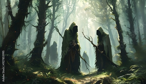 In the dark forest, five mysterious wizards wearing cloaks held magic staff, exuding a mysterious aura.