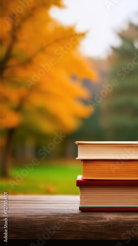 Vertical banner. stack of books on a wooden table against the background of an autumn landscape. Forest, yellow maple leaves, autumn, study, knowledge.