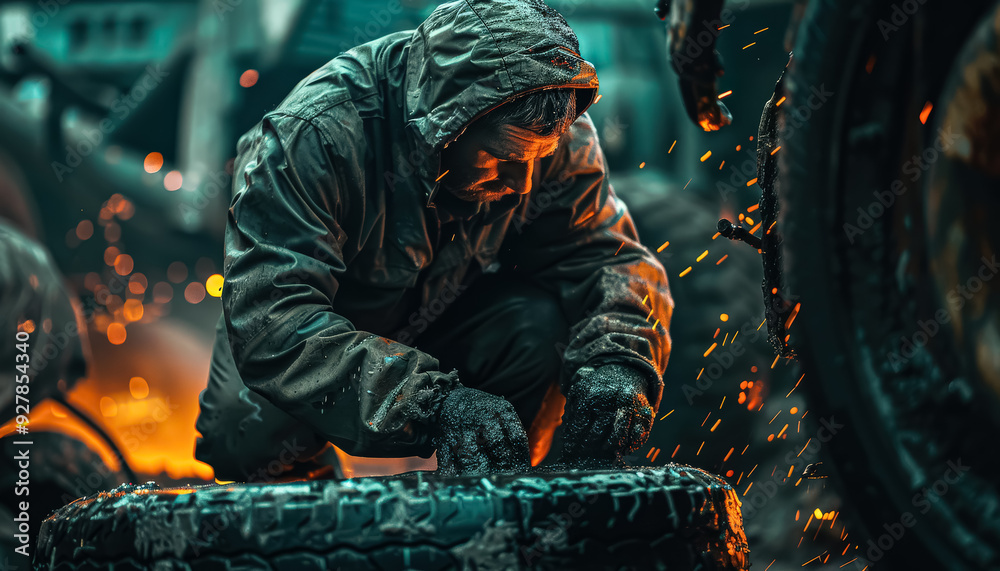 A man in an orange jacket is working on a tire. He is wearing a black hat and gloves