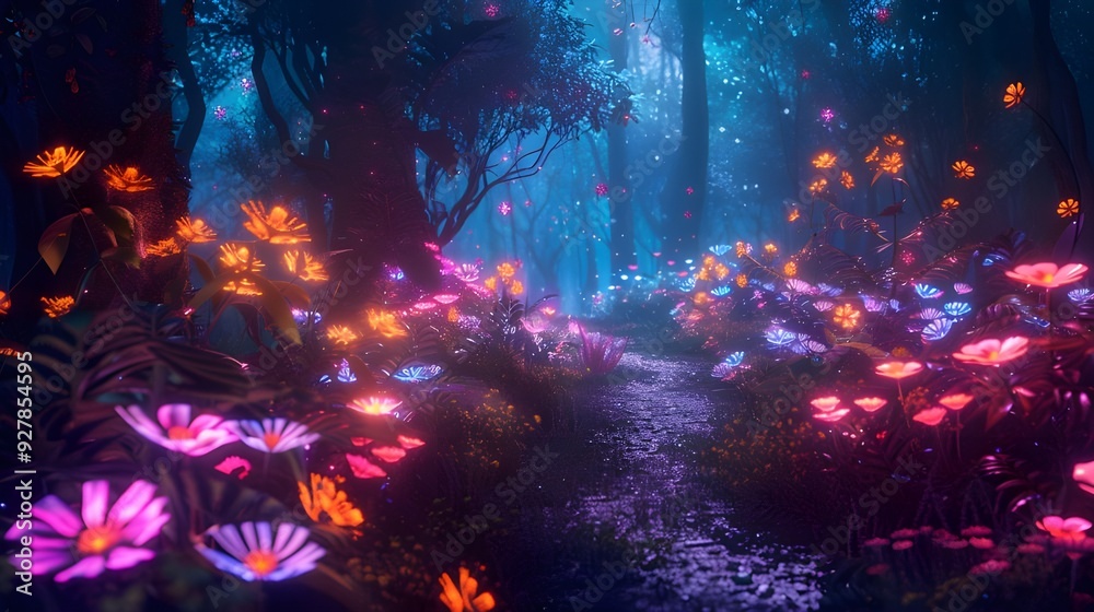 Glowing plants and lights in a wonderland, a mysterious path through mysterious, dark woods, and a neon fairy tale forest with radiant flowers. Glowing plants and lights in a wonderland, a mysterious path through mysterious, dark woods, and a neon fairy tale forest with radiant flowers.