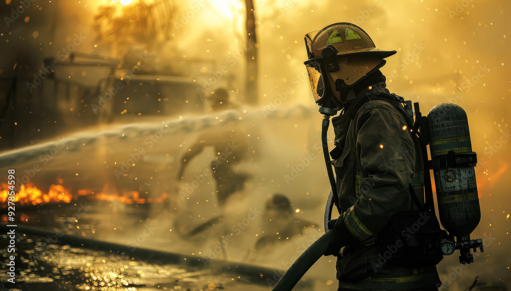 A firefighter is spraying water on a fire. The scene is intense and chaotic, with the firefighter in the foreground and the fire in the background. The firefighter is wearing a yellow helmet A firefighter is spraying water on a fire. The scene is intense and chaotic, with the firefighter in the foreground and the fire in the background. The firefighter is wearing a yellow helmet