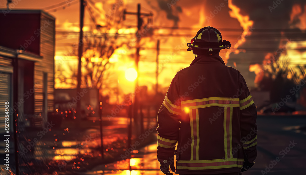 Obraz premium A firefighter is spraying water on a fire. The fire is orange and the firefighter is wearing a helmet