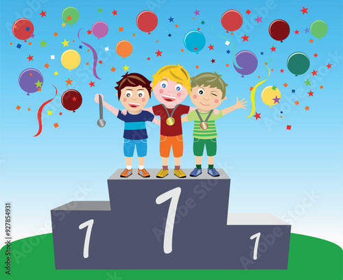Three Happy Kids Hugging on First Place Podium