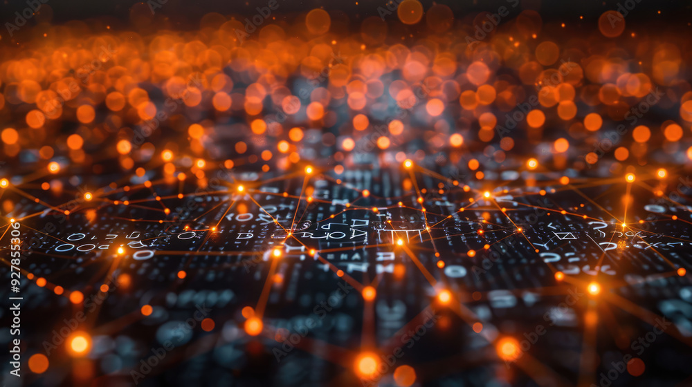 A blockchain network visualization, with interconnected nodes and a digital grid background A blockchain network visualization, with interconnected nodes and a digital grid background