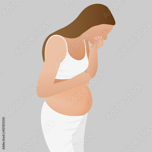 pregnant woman with morning sickness. morning sickness. expecting woman feels sick covering her mouth