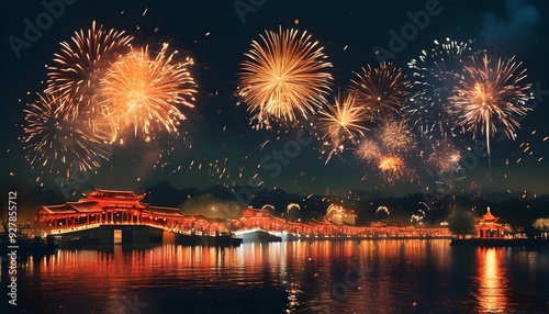 Bright fireworks bloomed above the lake, reflecting the shore lights and mountains. The night sky flashed and the atmosphere was warm. photo