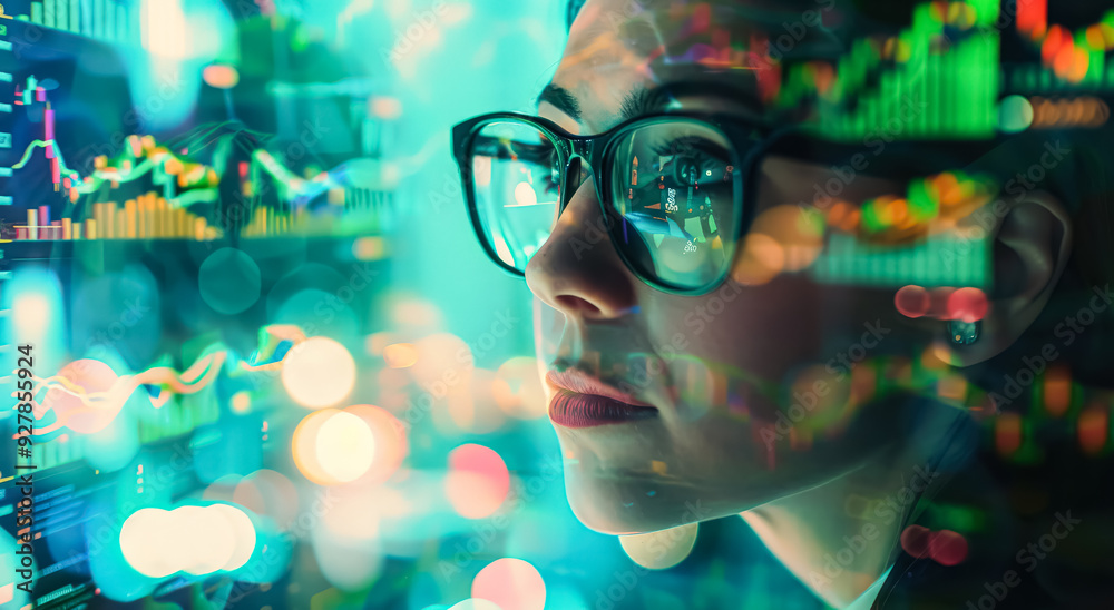 A woman is looking at a computer screen with a lot of numbers and symbols. Concept of focus and concentration as the woman stares at the screen A woman is looking at a computer screen with a lot of numbers and symbols. Concept of focus and concentration as the woman stares at the screen
