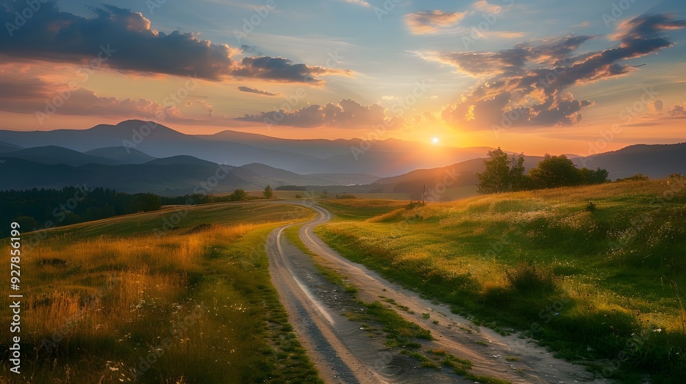 A summer's sunset on a country road beside a mountain. A summer's sunset on a country road beside a mountain.