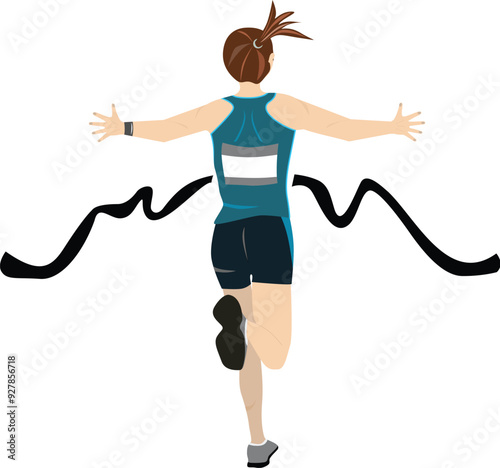 Female Athlete Breaking the Finish Line Ribbon, Rear View