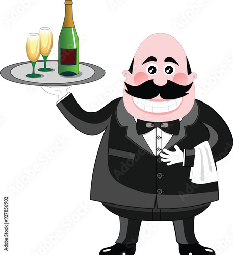 Cartoon illustration of a character acting as a waiter holding a tray with champagne 