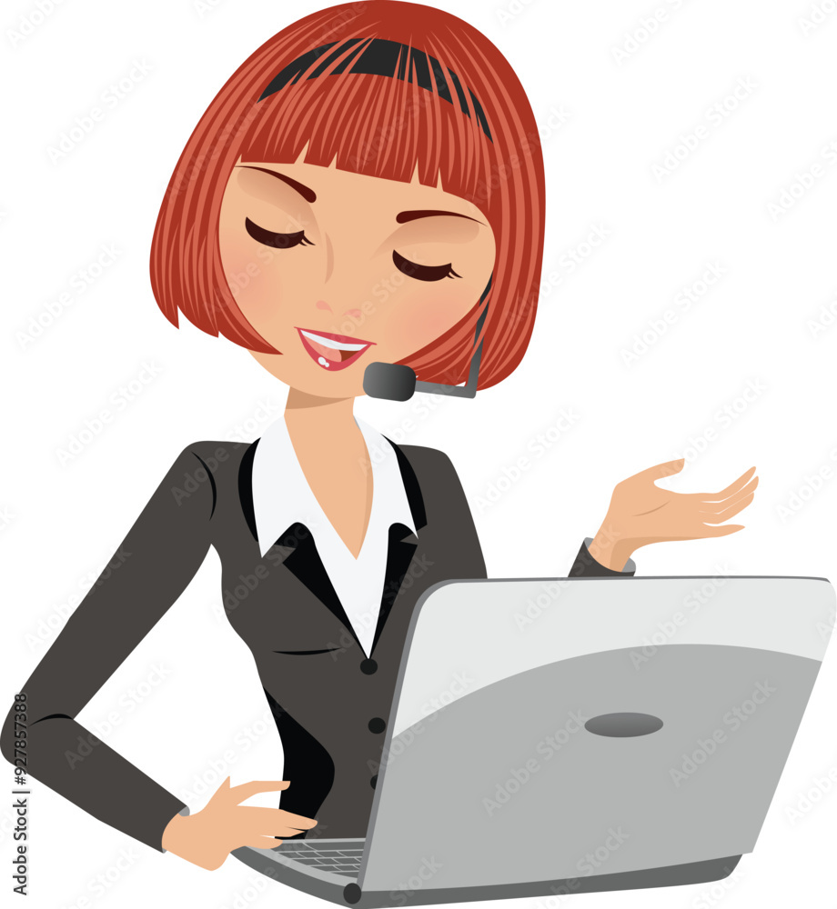 woman working on laptop and headset vector isolated woman working on laptop and headset vector isolated