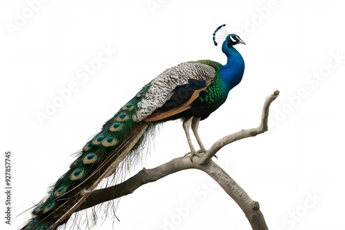 Congo Peafowl Bird Perched on a Branch with White Background, Realistic Photo, Wallpaper, Cover and Screen for Smartphone, Cell Phone, Computer, Laptop