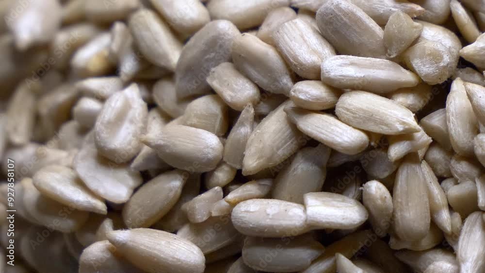 A close-up video of numerous sunflower seeds, showing their oval shape and light brown color. A close-up video of numerous sunflower seeds, showing their oval shape and light brown color.