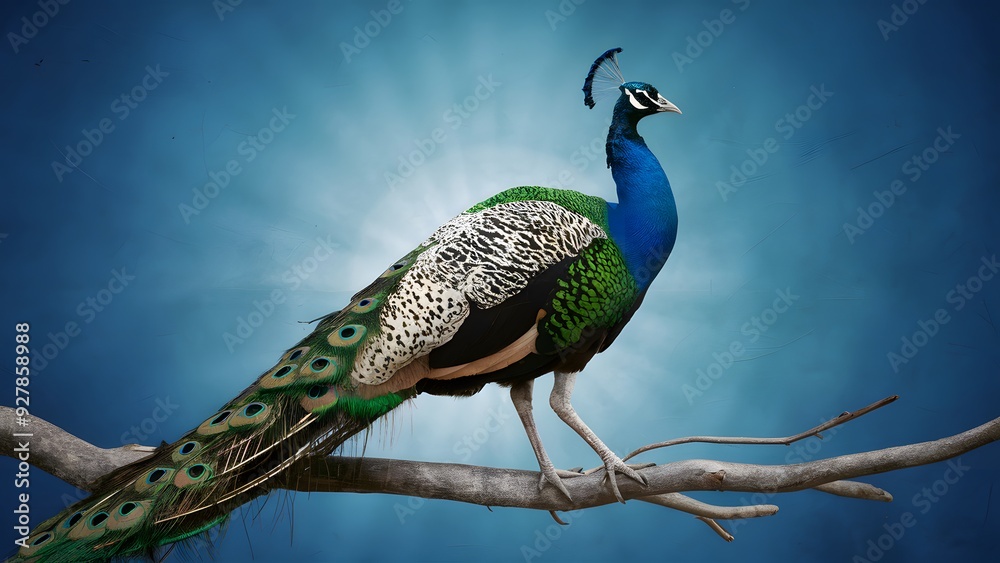 Obraz premium Congo Peafowl Bird Perched on a Branch with Blue Background, Realistic Photo, Wallpaper, Cover and Screen for Smartphone, Cell Phone, Computer, Laptop